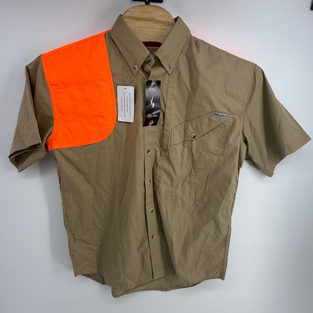 Tiger Hill Mens Hunting Shooting Shirt M Khaki Blaze Orange Short Sleeve NWT